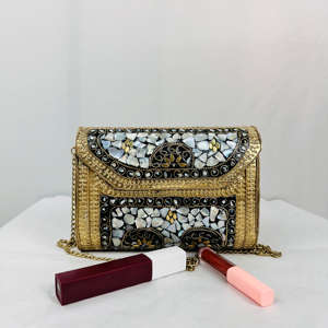 Antiguo oro estilo Vintage aluminio mosaico hecho a mano embrague Sling Bag diseño moderno pulido escultura Chip piedra monedero elegante - Product Image 1