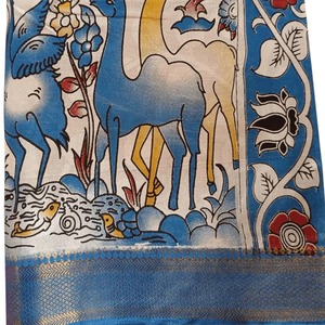 Sari en coton Kalamkari bleu ivoire, imprimé à la main, style traditionnel, vêtement ethnique pour femmes, disponible à la vente, directement de l'usine. - Product Image 4
