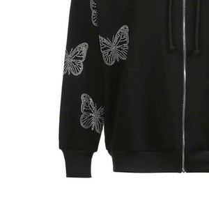 Sweat à capuche zippé personnalisé pour homme, en molleton épais, avec logo et strass noirs style streetwear - Product Image 5