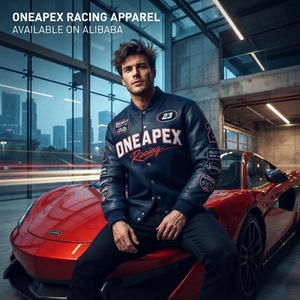 Veste de course rouge marine pour homme, manches en cuir, veste bomber Letterman, streetwear automobile, vente en gros personnalisée - Product Image 4