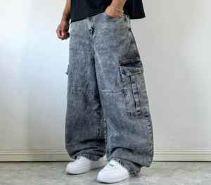 Jean baggy personnalisé pour homme, style vintage streetwear, délavé, coupe ample, pantalon cargo en denim délavé clair, coupe oversize - Product Image 1