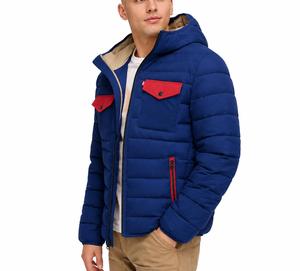 Men's Blue Puffer <b>Jacket</b> Red <b>Pocket</b> <b>Zipper</b> Front Windproof Casual Winter Outerwear Regular Fit Solid Color Fleece Lined Filled - Product Image 2