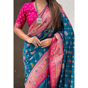 Sari Patola Leheriya en soie douce tissée avec des fils Zari, bleu denim avec des tissages contrastés, 700g, pour robe de soirée - Product Image 4