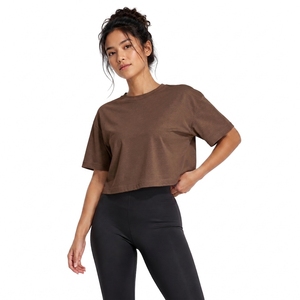 Women's Brown <b>Crop</b> <b>Top</b> Short Sleeve Crew Neck Loose Fit Jersey Solid Color Casual T-Shirt All Seasons 100% Cotton - Product Image 1
