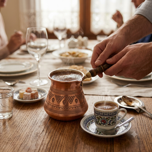 Cafetera Turca de Cobre con Patrón de Encaje Triangular Grabado en Fábrica, Cezve Bulbosa Griega Briki con Mango Ergonómico de Madera - Proveedor - Product Image 3