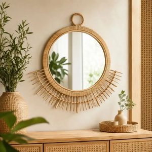 Miroir mural demi-lune en rotin élégant, fait main, décoratif, pour maison ou bureau de style bohème vintage rustique, en provenance du Vietnam - Product Image 3