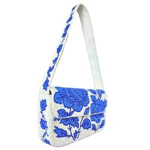 Blue Floral Beaded Shoulder Bag, Handmade Seed Bead Flower Purse, Blue and White Statement Handbag, Vintage Inspired Floral Summ - Product Image 3