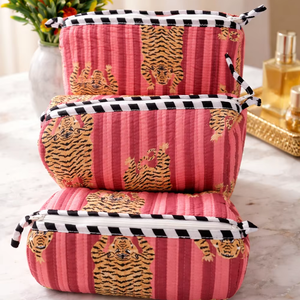 Red Tiger Printed Eco-Friendly Durable Cotton Zipper <b>Makeup</b> <b>Case</b> Indian Travel Cosmetic Organizer Kit - Product Image 1