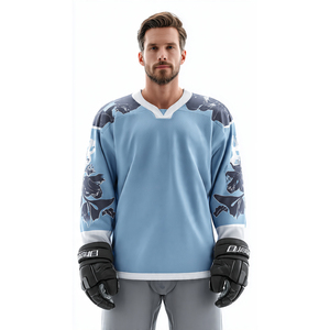 Men's Light Blue Ice Hockey Jersey Full Sleeve V-Neck Sublimated Floral Print Moisture Wicking Regular Fit Adult Apparel - Product Image 1