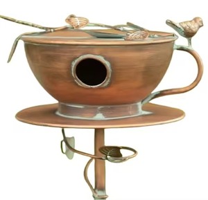 ถ้วยกาแฟทองแดงดีไซน์หรูหรา รูปทรงบ้านนก โครงสร้างโลหะ พร้อมลุควินเทจ - Product Image 4