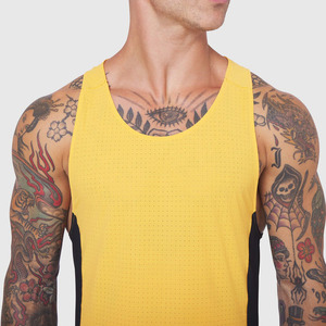 Men's Yellow <b>Black</b> Color Blocked Sleeveless <b>Tank</b> <b>Top</b> O-Neck Solid Breathable <b>Knitted</b> Sporty Fitness Wear - Product Image 5