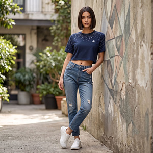 Haut court orné de strass pour femme, personnalisable avec logo, coupe décontractée, coton de haute qualité, respirant, style streetwear, coupe oversize - Product Image 5