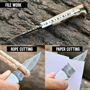 Couteau pliant artisanal en acier Damas : manche en corne de cerf, étui en cuir - Product Image 2