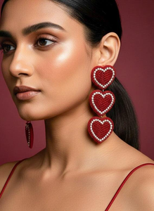 Handmade Red Seed Beaded <b>Drop</b> Heart Earrings Trendy Romantic Valentine's Day Gift Women's Sparkling Jewelry BY MULTI CRAFT - Product Image 3