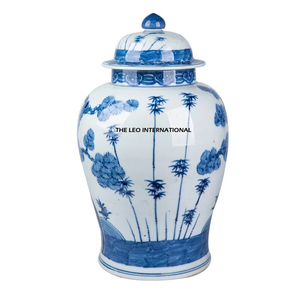 Vintage <b>Art</b> <b>Deco</b> Blue White Enamel Porcelain Tabletop <b>Vase</b> Handpainted Ginger Jar Geometric Design with Lid for Home Decor - Product Image 1