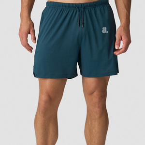 Pantalones Cortos Deportivos Casuales para Hombre, Color Verde Azulado, Cintura Alta Elástica, Secado Rápido, Color Sólido, con Logotipo Frontal, Tejido de Spandex - Product Image 1