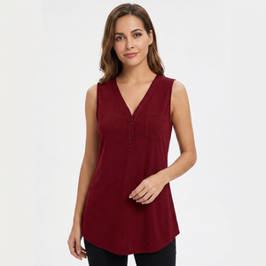 Haut sans manches pour femme, col en V, couleur unie, boutons sur le devant, vêtement décontracté, rouge, personnalisable, écologique, respirant, spandex/coton, 180g - Product Image 3