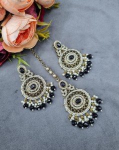 Traditional Oval CZ Stone Round Shape <b>Earrings</b> And Mang Tika Set Pearl Beaded Ethnic Party Wear Fashion Jewellery Set Collection - Product Image 2