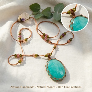 Collar Colgante de Macramé Turquesa Hecho a Mano con Perla de Agua Dulce, Chapado en Platino, Grande, Azul Verde Aguamarina, Joyería Boho Curativa para Fiestas - Product Image 5