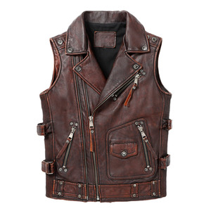 Gilet de moto en cuir véritable pour homme, couleur personnalisée, style motard, col rond, fermeture boutonnée, respirant, automne - Product Image 1