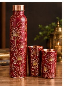 Juego de Botellas de Agua de Cobre con Diseño Floral de Pavo Real, Herméticas, con Dos Tazas y Tapa de Cobre, 3 Piezas, Ecológicas - Product Image 4