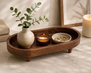 Wooden Multi-Functional Serving Tray Round Bathroom <b>Vanity</b> Raised Edge Display Platter for Soap Bottle Towel Organizer Hotels - Product Image 3