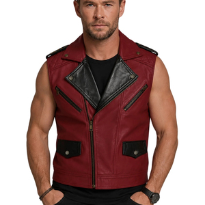 <b>Men's</b> Red Genuine Leather Biker Vest With <b>Black</b> Lapels Zipper Motorcycle <b>Waistcoat</b> - Product Image 4
