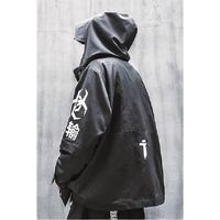 Veste à capuche noire pour homme, style streetwear oversize, coupe-vent, imprimé lettre sur la manche gauche, coupe régulière, vêtement d'hiver