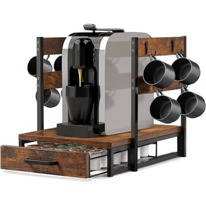 Coffee Bar Station Organizer For <b>Kitchen</b> Counter K-Cup Pod Holder Storage Drawer Mug Rack With <b>Hooks</b> And 2-Tier Brown Coffee - Product Image 3