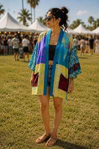 Chaqueta de Seda con Parches Florales, Estilo Bohemio, Kimono, Cuello en V, Cierre con Cordón, Mangas Largas, Suave y Transpirable, para Festivales - Product Image 4