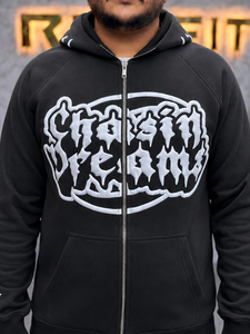 Sudadera con capucha negra personalizada para hombre, con cremallera completa, estilo oversize, estampado puff blanco, forro polar, OEM ODM, peso pesado - Product Image 2