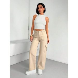 Jean cargo vintage rétro beige multipoches pour femme, 100 % coton, écologique, respirant, pantalon tendance, taille 26-40 - Product Image 4