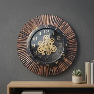 Wooden <b>Wall</b> <b>Clock</b> Glass Face Round Analog Mechanical Art Deco Design Silent Non-Ticking Decorative Home Interior - Product Image 1
