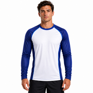 T-shirt athlétique à manches longues pour homme, col rond, color block, séchage rapide, coupe ajustée, toutes saisons, extensible dans quatre directions, blanc et bleu - Product Image 1