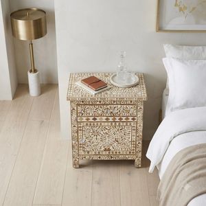 Decorative Bone Inlay Modern Nightstand with Floral Pattern and 1 Drawer Storage <b>Cabinet</b> for Bedroom - Product Image 3