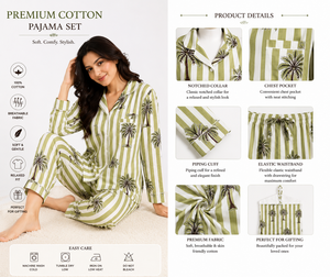 Ensemble de pyjama long en coton imprimé palmiers et rayures olive de qualité supérieure pour femme – Vêtement de nuit décontracté fait main, un chef-d'œuvre, idéal comme cadeau - Product Image 5