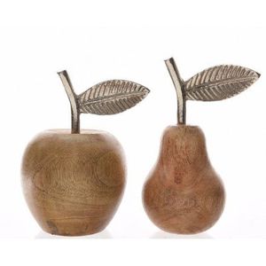 Handcrafted Wooden Apple Pear Fruit Sculpture Set Silver Leaf Accent Tabletop <b>Decor</b> <b>Rustic</b> <b>Home</b> Decoration 2Pcs - Product Image 1