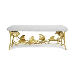 saleem international 2026 Luxury Upholstered <b>Bench</b> with Gold <b>Metal</b> Ginkgo Leaf Base Decorative Entryway or Bedroom Seating - Product Image 6