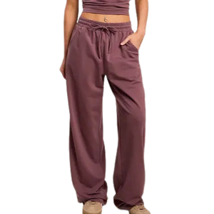 Pantalones anchos de mujer al por mayor con cintura elástica y cordón, bolsillos laterales, ajuste holgado, largo completo, dobladillo abierto, ropa casual de descanso OEM ODM - Product Image 2