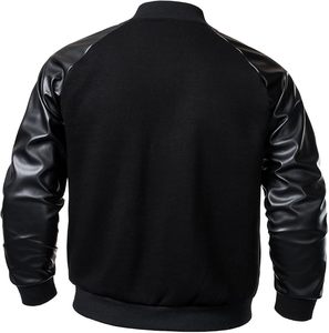 Veste varsity en cuir PU noir pour homme, coupe classique, col rabattu, fermeture boutonnée, vêtement décontracté pour l'automne - Product Image 3
