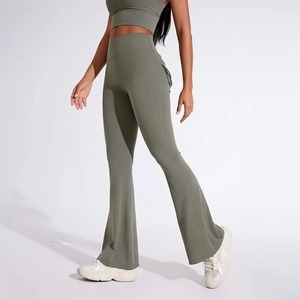 Wholesale Women High Waisted <b>Flare</b> Pants Custom Logo V Cross Waist Yoga <b>Leggings</b> Spandex Activewear Trousers - Product Image 1
