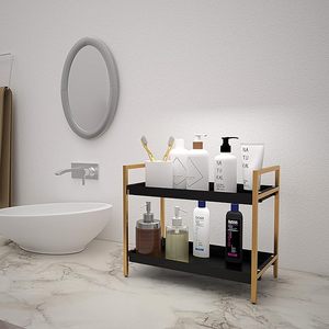 Étagère de rangement minimaliste à 2 niveaux en métal noir avec cadre doré, organisateur rectangulaire sur pied pour salon - Product Image 5