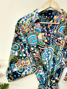 Bata Kimono de Algodón Azul Paisley con Estampado Floral para Mujer, Estilo Otoñal, Bolsillos Dobles, Mangas Largas, Cuello en V, Regalo de Navidad - Product Image 5