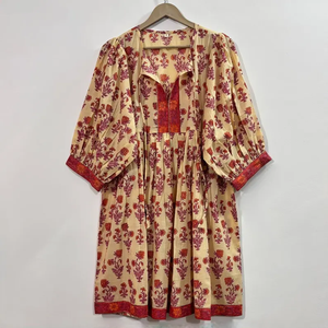 Robe décontractée mi-longue en coton tissé uni pour femme, toutes saisons, manches ballon, taille empire, style babydoll, col en V oversize - Product Image 1