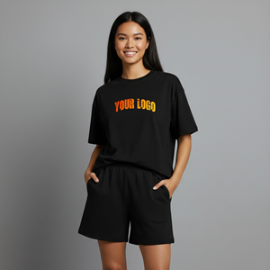 Ensemble court deux pièces pour femme avec logo personnalisé imprimé, 100 % coton, t-shirt et short amples et confortables pour femme - Product Image 4