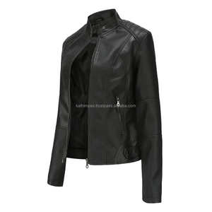 Venta al por mayor Negro Biker Slim Fit Diseño Moto Estilo de cuero Chaquetas de las mujeres con cierre de cremallera y cuello alto a precio barato - Product Image 4