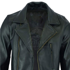 Veste de moto en cuir véritable noir pour homme, finition solide, fermeture éclair, col rabattable, coupe-vent - Product Image 3