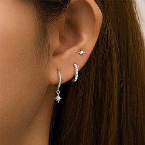 Juego de pendientes asimétricos con forma de estrella, aro CZ, colgantes, oro, plata, S925 - Product Image 5