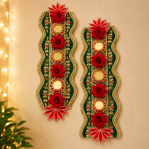 Green Red Floral Diya Latkan Pair Handcrafted Wall Hanging Decorative Festival Decoration for Indoor <b>Wedding</b> Party - Product Image 4
