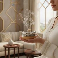Brûleur d'encens rond en bois avec couvercle métallique, porte-parfum Oud arabe, décoration de table pour la maison, Ramadan, mariage